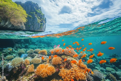 Vibrant coral reefs teeming with colorful fish beneath the ocean surface, with a breathtaking rocky coastline visible above water