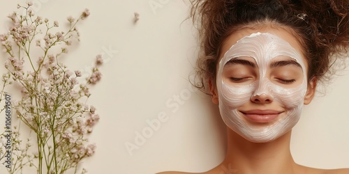 
Beautiful woman on the right side of the frame with smiling eyes closed while receiving a face mask at a beautiful med spa at cream background