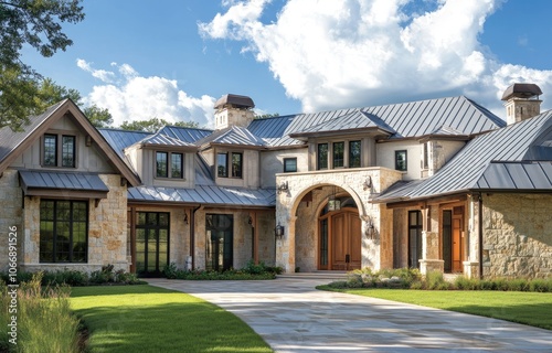 A beautiful two-story luxury home in the countryside of Texas, with large windows and arched doorways, made from light gray stone material, a light gray metal roof, a blue sky with white clouds