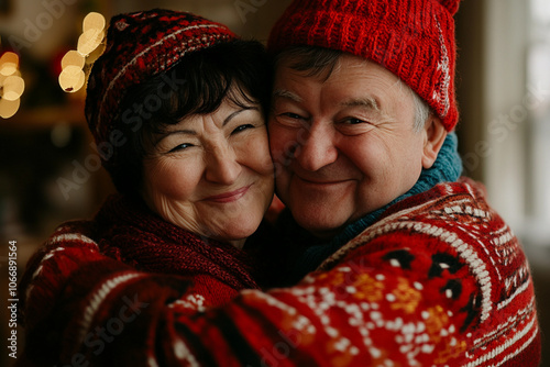 Portrait of elderly people in a New Year atmosphere. Grandpa and grandma in Christmas sweaters.