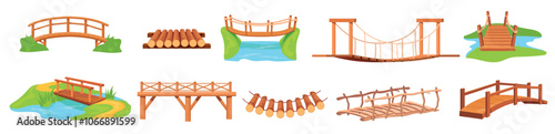 Cartoon wooden bridges. Wood hanging rope bridge, river crossing bridgeboard way connection bridging rustic path walk road connect game pirs wharf, set neat vector illustration