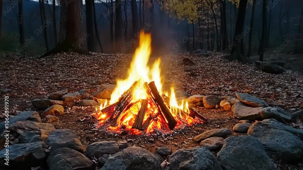 A campfire burns brightly in a forest clearing, surrounded by rocks A campfire burns brightly in a forest clearing, surrounded by rocks