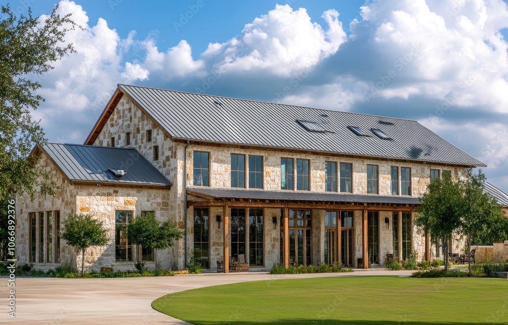 A beautiful two-story, stone and wood house in the heart of Texas with large windows, a light gray metal roof, a green grass lawn in the front yard A beautiful two-story, stone and wood house in the heart of Texas with large windows, a light gray metal roof, a green grass lawn in the front yard