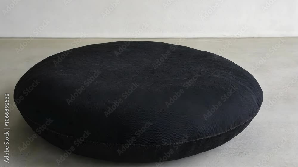 A black, round cushion sits on a grey floor A black, round cushion sits on a grey floor