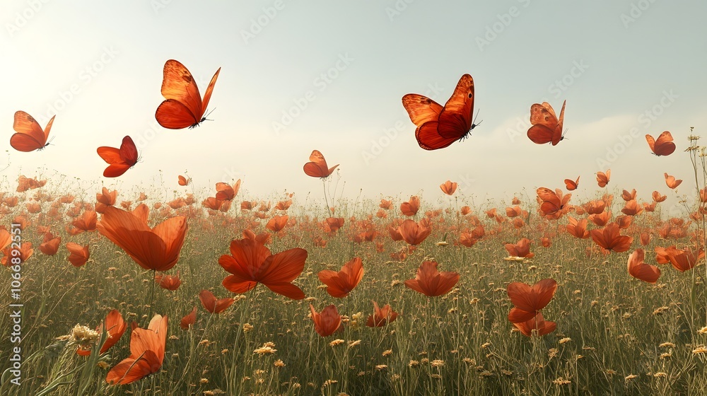 Obraz premium A vibrant scene of orange butterflies fluttering over a field of wildflowers.