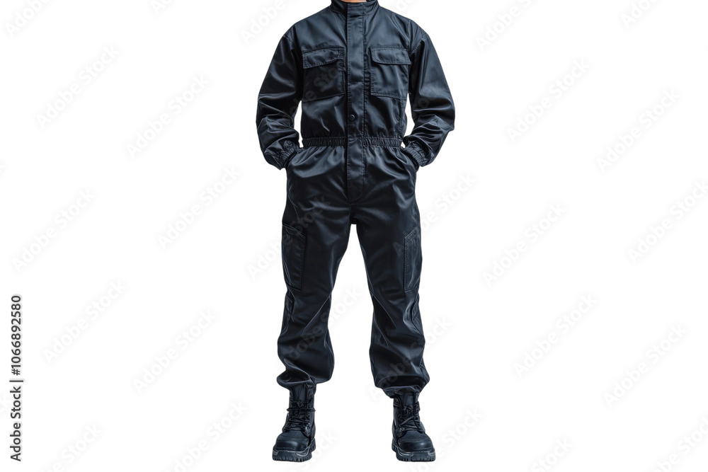 A person dressed in a black tactical outfit stands confidently in a neutral setting A person dressed in a black tactical outfit stands confidently in a neutral setting