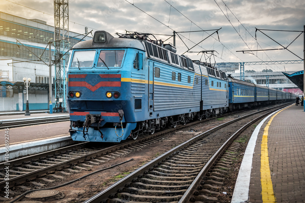 Electric locomotive with a passenger train on the station at sunset Electric locomotive with a passenger train on the station at sunset