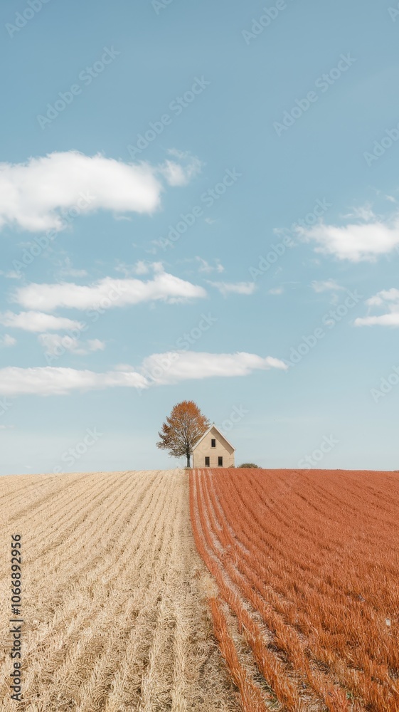 Obraz premium Autumn Farm Fields with Tree and Barn Under Clear Blue Sky