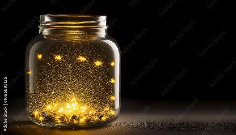 A glass bottle filled with glowing fireflies emits a soft golden glow A glass bottle filled with glowing fireflies emits a soft golden glow