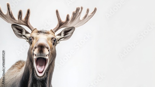 Portrait of a  moose on the right side of the photo on a white background, with a shocked and surprised facial expression, free mockup space, discounts and sales concept