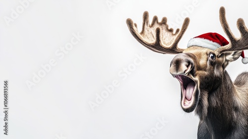 Portrait of a holiday moose on the right side of the photo on a white background, with a shocked and surprised facial expression, free mockup space, discounts and sales concept