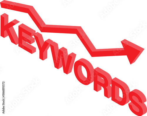 Red arrow pointing down over 3d text keywords, concept of keywords losing importance