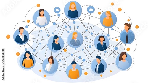 An illustration of a network of people connected by lines, representing a social network or online community.