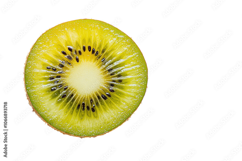 Freshly sliced kiwi fruit revealing vibrant green flesh and tiny black seeds on white background Freshly sliced kiwi fruit revealing vibrant green flesh and tiny black seeds on white background