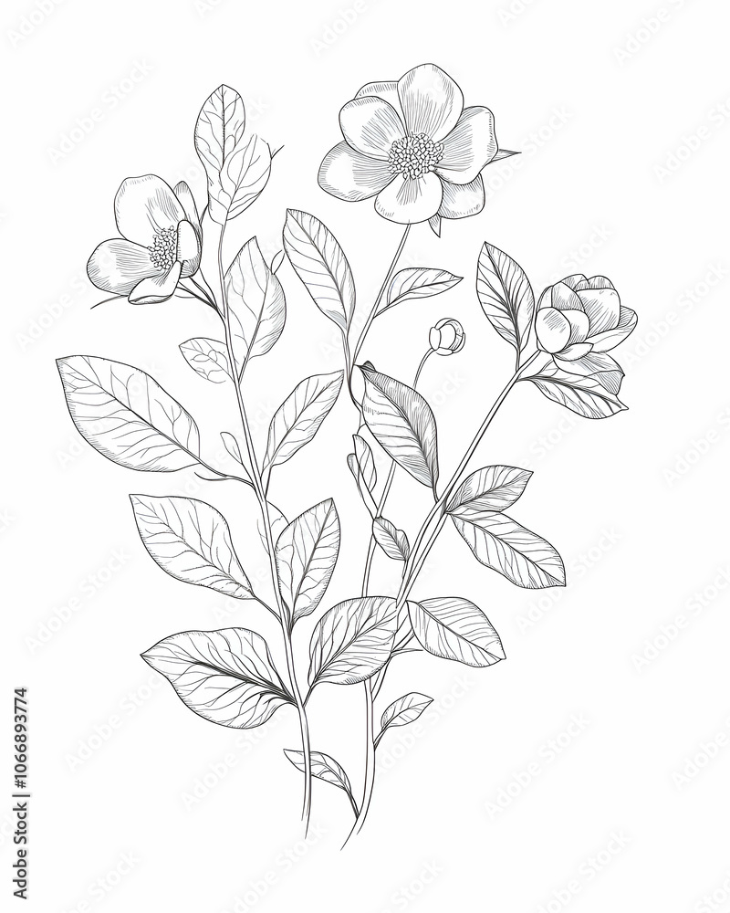 Hand-drawn illustration of blooming flower branches with leaves in a black and white outline style. Hand-drawn illustration of blooming flower branches with leaves in a black and white outline style.