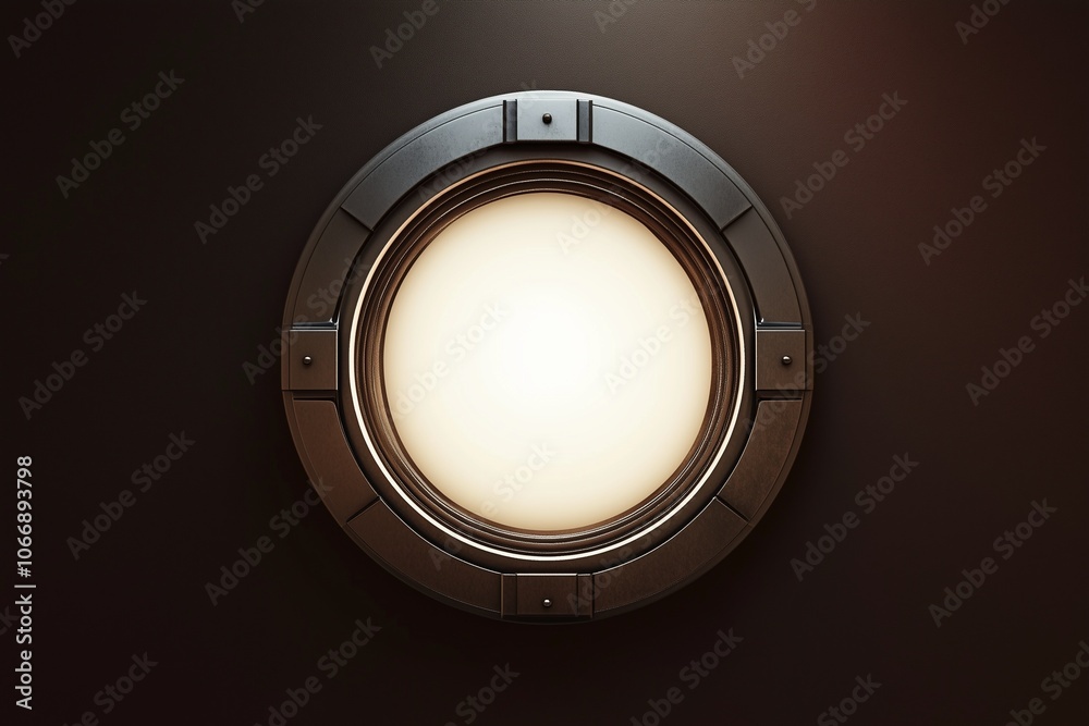 A realistic mockup of a large, metallic round porthole, perfect for showcasing nautical or industrial designs and interior decor themes A realistic mockup of a large, metallic round porthole, perfect for showcasing nautical or industrial designs and interior decor themes