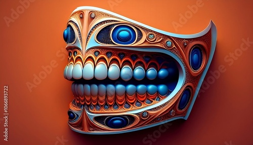 A surreal intricately detailed mask or sculpture with a gaping mouth and ornate decoration