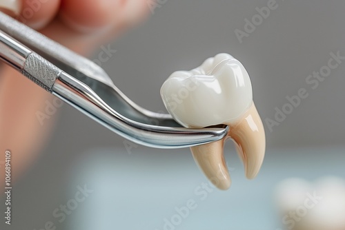 A detailed view of a tooth being extracted using dental instruments in a clinical setting photo