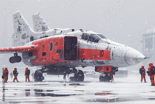 Snow-covered launch site with a crew prepping an orange and white spacecraft during a snowy weather event photo