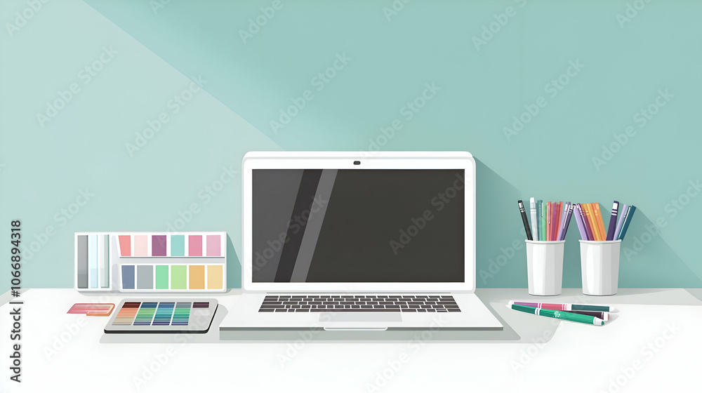 Minimalist workspace with laptop, art supplies, and a blank screen. Minimalist workspace with laptop, art supplies, and a blank screen.