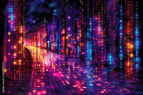 A vibrant digital landscape filled with colorful binary code and illuminated pathways in a futuristic setting at night