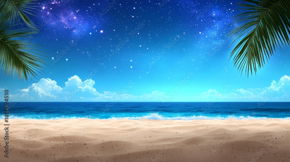 Tropical Beach Night Sky Background with Palm Trees Stars and Clouds Tropical Beach Night Sky Background with Palm Trees Stars and Clouds
