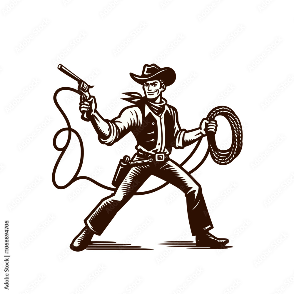 Obraz premium Cartoon cowboy character with lasso. Isolated vector illustration