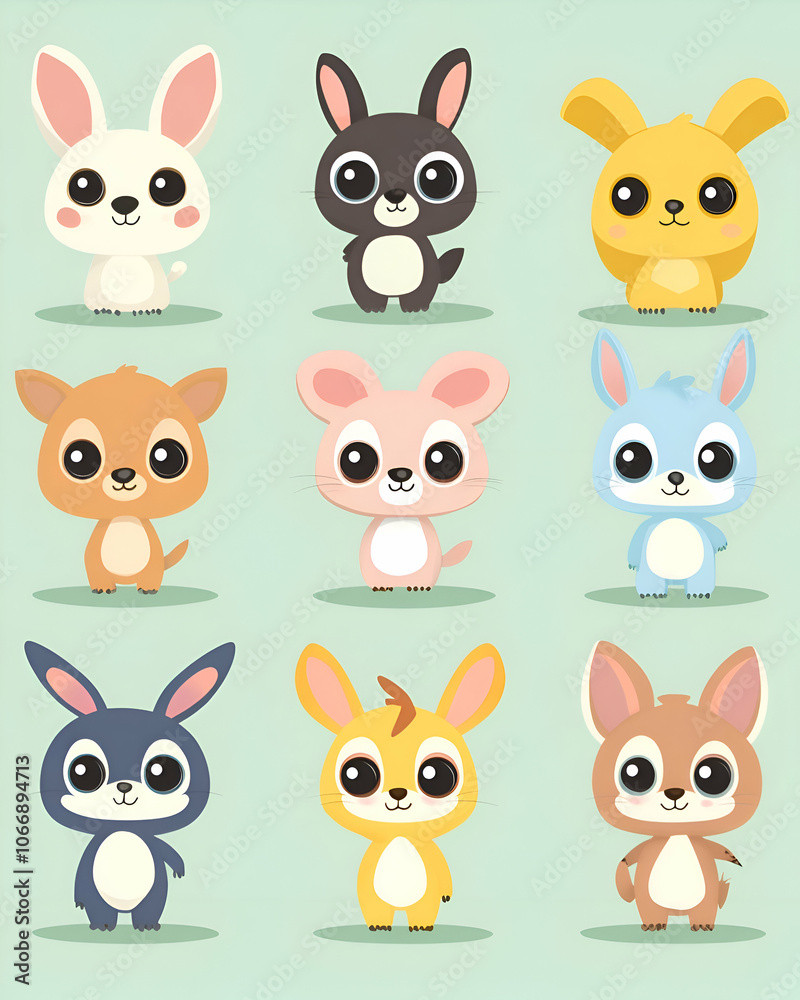 Fototapeta premium Nine cute cartoon animal characters with big eyes.