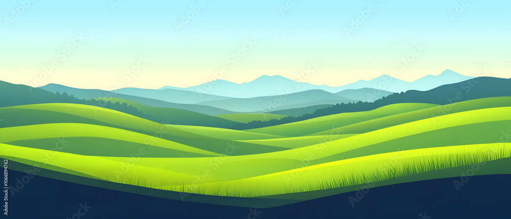 Obraz premium Rolling Green Hills and Blue Mountains Landscape.