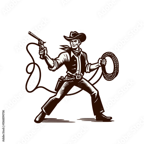 Cartoon cowboy character with lasso. Isolated vector illustration