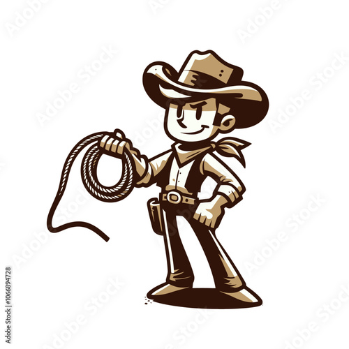 Cartoon cowboy character with lasso. Isolated vector illustration