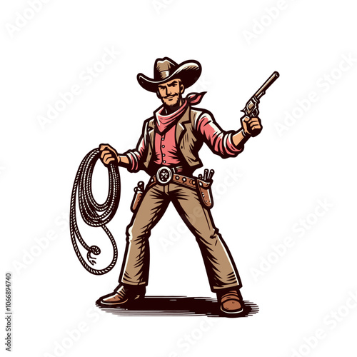 Cartoon cowboy character with lasso. Isolated vector illustration
