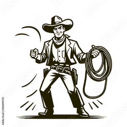 Cartoon cowboy character with lasso. Isolated vector illustration