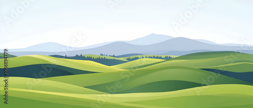 Rolling hills and distant mountains under a clear sky.