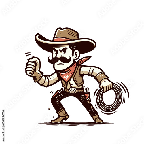 Cartoon cowboy character with lasso. Isolated vector illustration