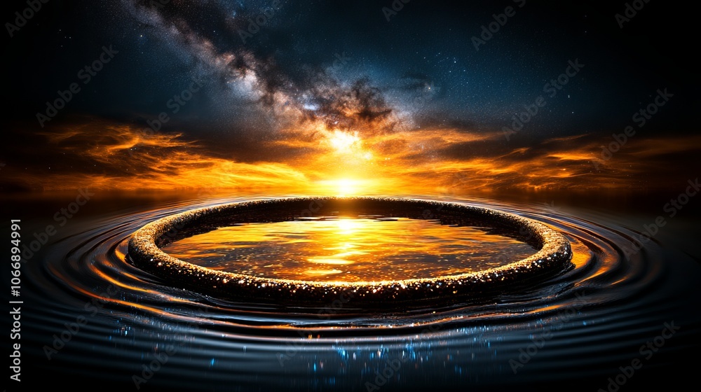 Golden Ring in Water with Sunset and Milky Way Golden Ring in Water with Sunset and Milky Way