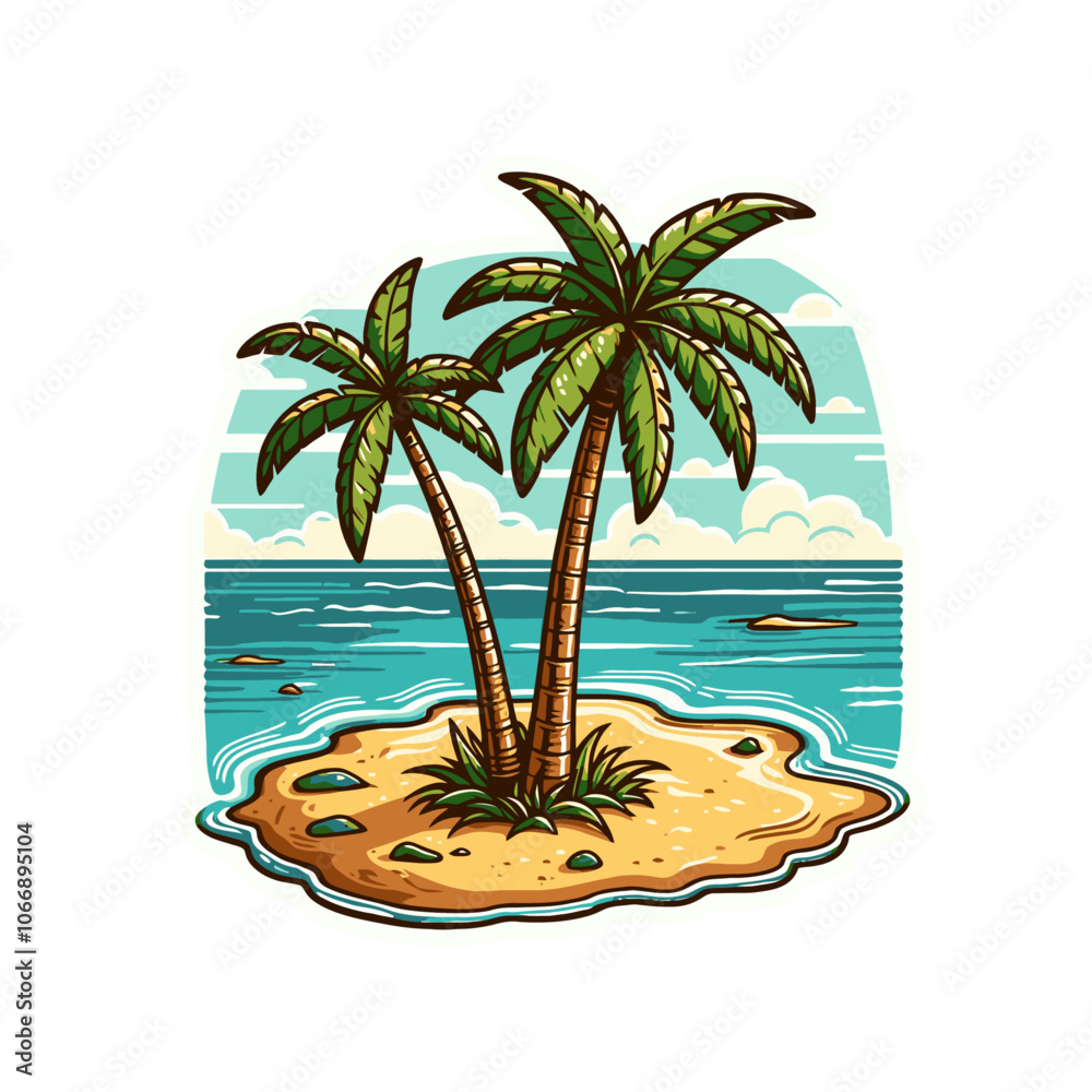 Obraz premium Palm beach cartoon vacation emblem. Isolated vector label illustration