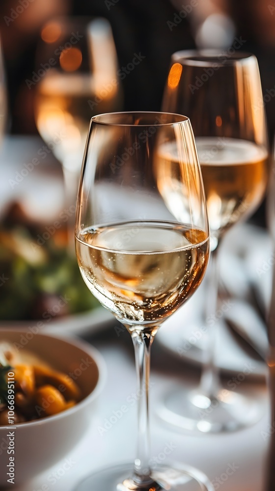 Obraz premium Elegant white wine glasses at a festive dinner table with gourmet dishes.