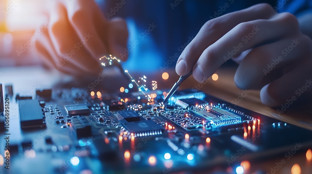 Close Up of a Technician Repairing a Smartphone Circuit Board with Precision Tools Close Up of a Technician Repairing a Smartphone Circuit Board with Precision Tools