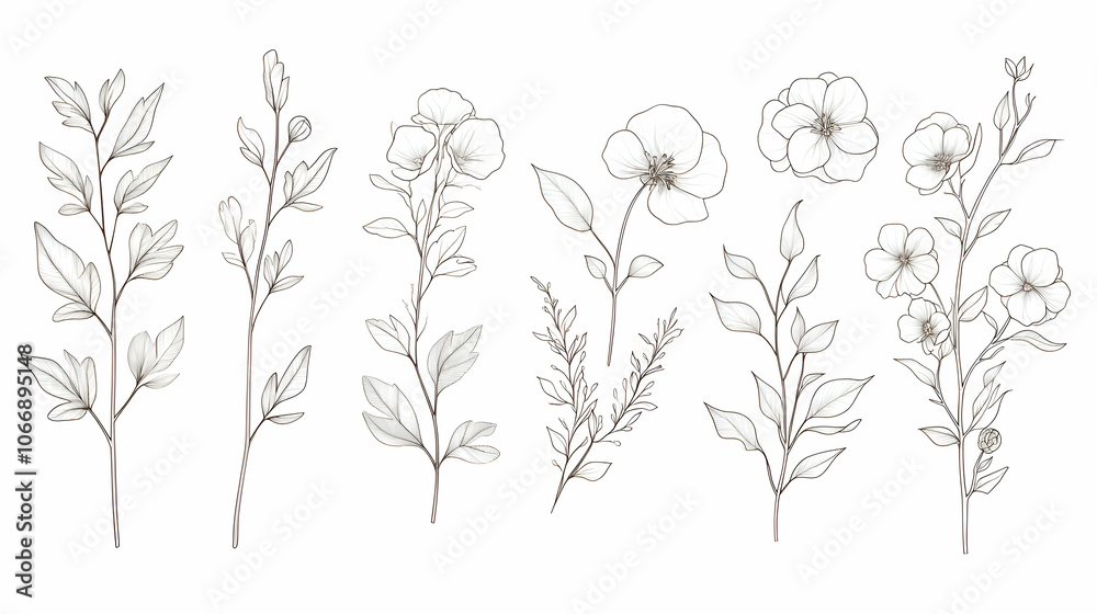 Set of hand drawn delicate floral elements in line art style. Set of hand drawn delicate floral elements in line art style.
