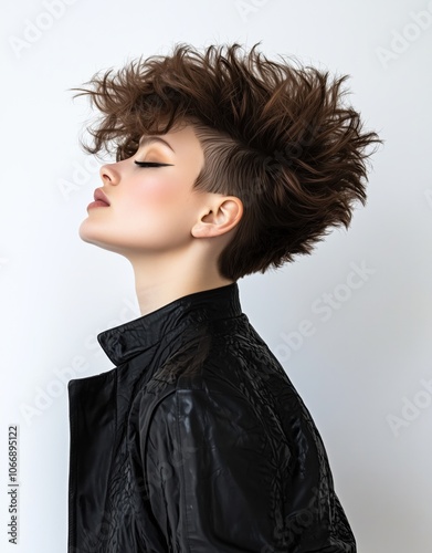 Portrait of a stylish young woman with edgy, voluminous hair and undercut, wearing a black jacket. The modern look and strong profile convey confidence and individuality. photo