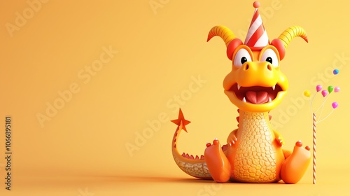 A cartoon dragon with a party hat and a bunch of balloons. photo