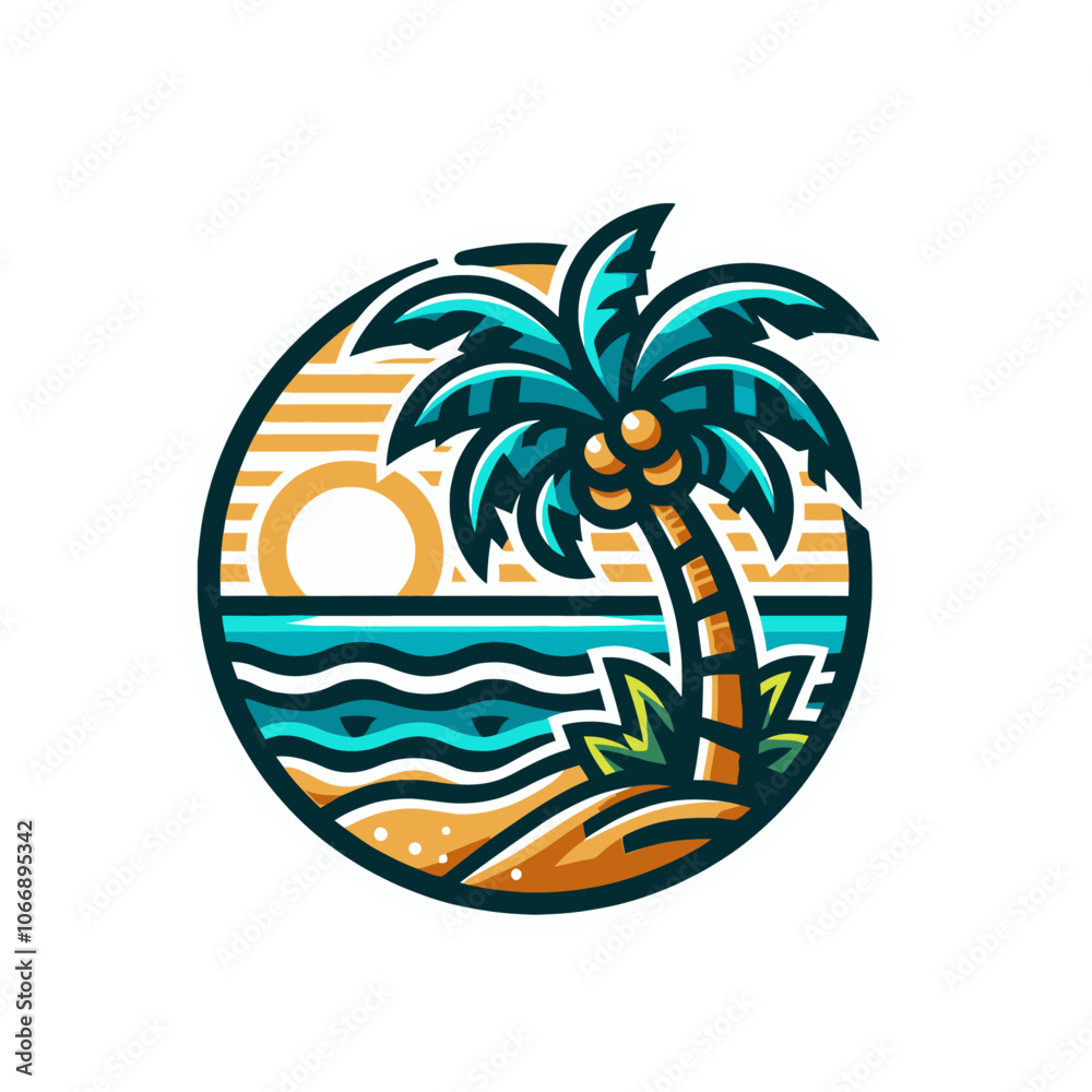 Fototapeta premium Palm beach cartoon vacation emblem. Isolated vector label illustration