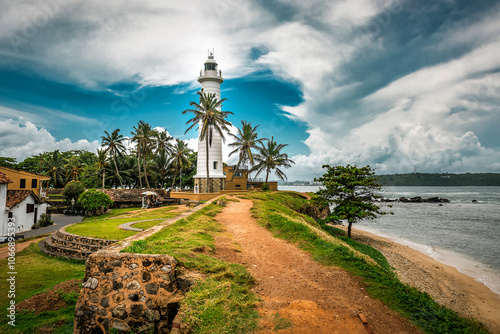 White beautiful lighthouse in Fort Galle, Sri Lanka