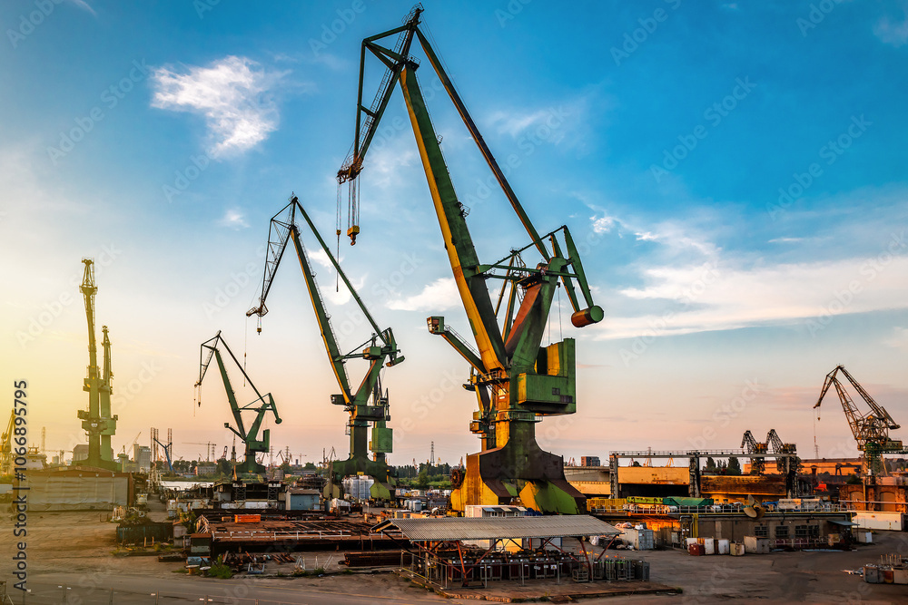 Working industrial port cranes at sunset Working industrial port cranes at sunset