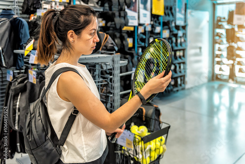 Young sporty woman chooses a tennis racket in a sport supermarket store