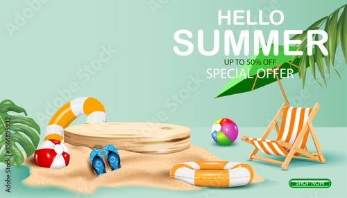up to 50% off special offer sale banner, discount and bonus concept summer business product display and marketing banner vector illustration, summer objects decorative advertising banner.