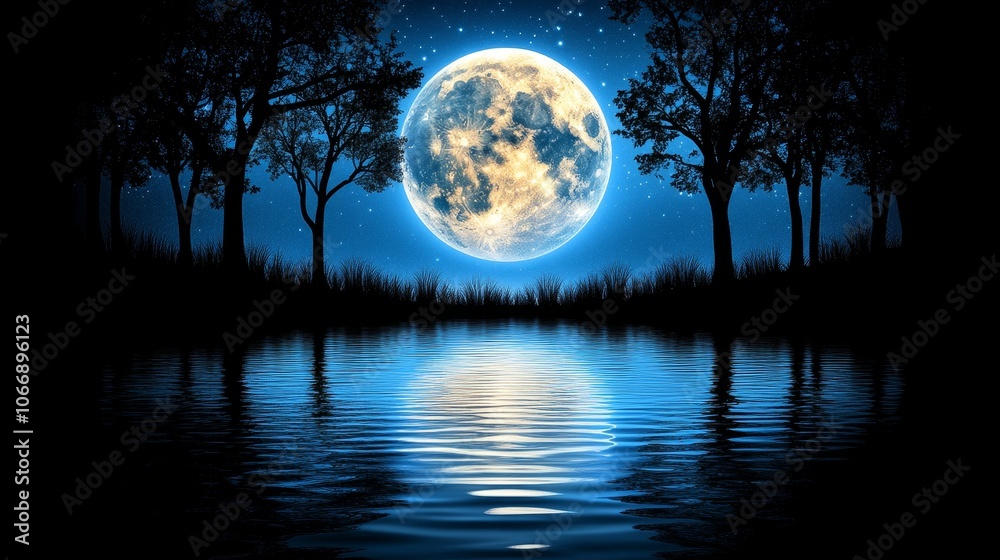 Full Moon Reflection in Still Water with Silhouetted Trees and Stars Full Moon Reflection in Still Water with Silhouetted Trees and Stars