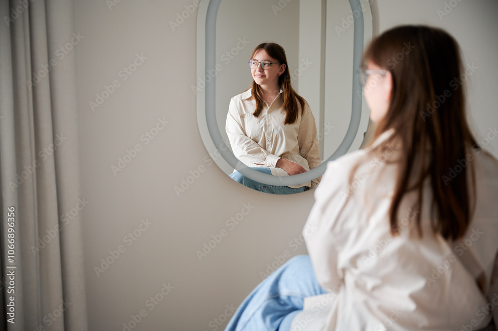 Beautiful girl looking away in mirror and smiling. Pretty female checking herself. Cute girl sitting in chair opposite to mirror at home. Beautiful girl looking away in mirror and smiling. Pretty female checking herself. Cute girl sitting in chair opposite to mirror at home.