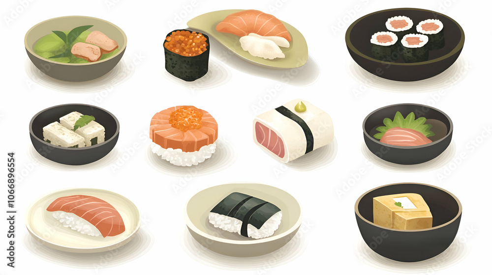 A collection of various sushi and Japanese cuisine items, including nigiri, maki, sashimi, and tofu. A collection of various sushi and Japanese cuisine items, including nigiri, maki, sashimi, and tofu.